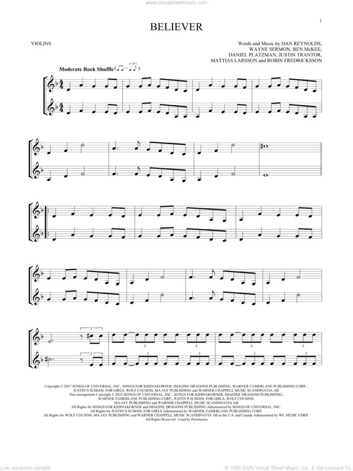 Believer sheet music for two violins (duets, violin duets) by Imagine Dragons, Ben McKee, Dan Reynolds, Daniel Platzman, Justin Tranter, Mattias Larsson, Robin Fredriksson and Wayne Sermon, intermediate skill level