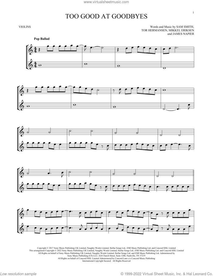 Too Good At Goodbyes sheet music for two violins (duets, violin duets) by Sam Smith, James Napier, Mikkel Eriksen and Tor Erik Hermansen, intermediate skill level