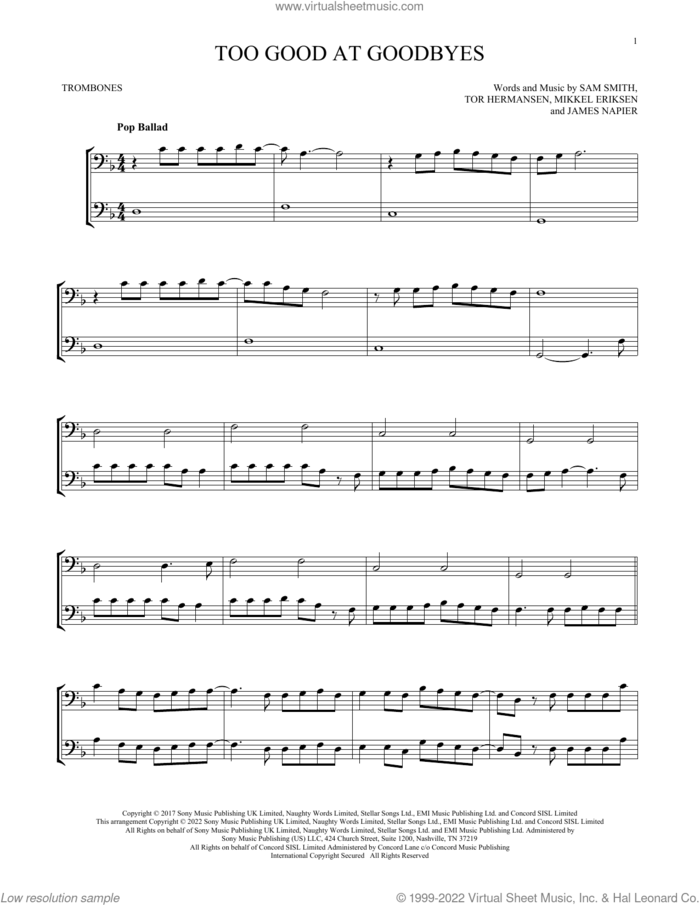 Too Good At Goodbyes sheet music for two trombones (duet, duets) by Sam Smith, James Napier, Mikkel Eriksen and Tor Erik Hermansen, intermediate skill level