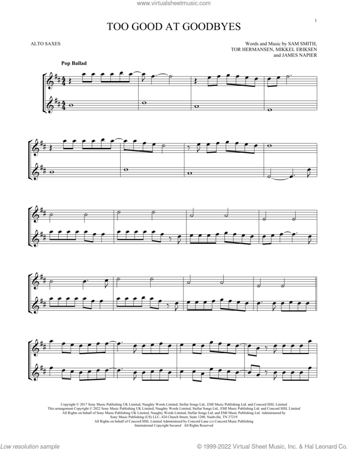 Too Good At Goodbyes sheet music for two alto saxophones (duets) by Sam Smith, James Napier, Mikkel Eriksen and Tor Erik Hermansen, intermediate skill level