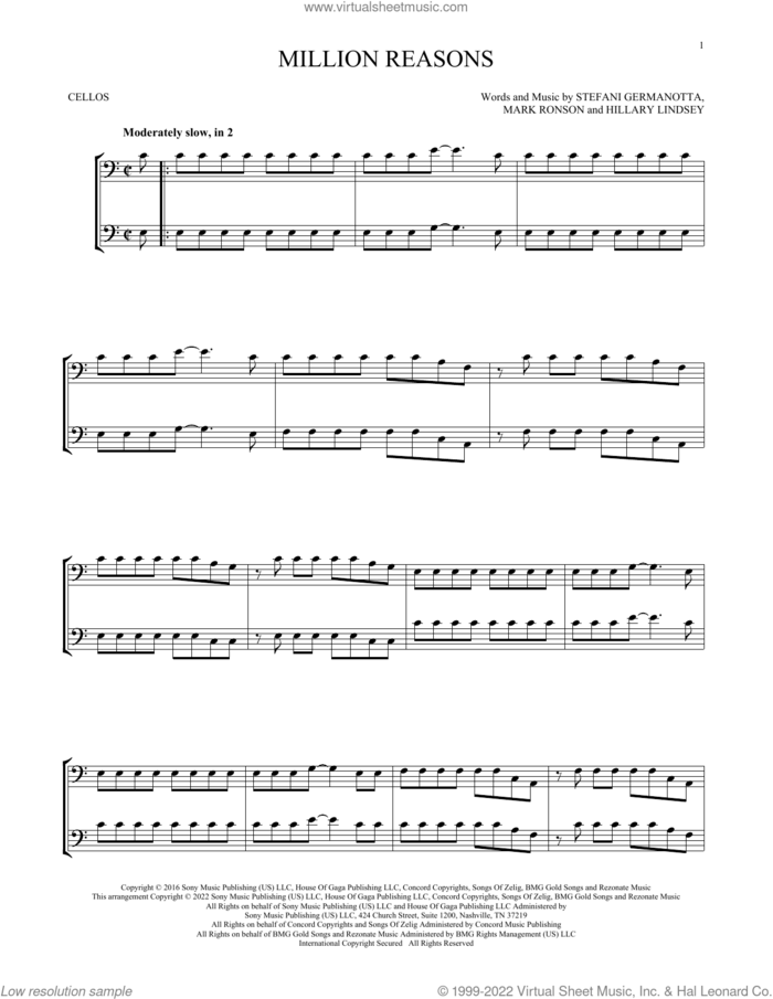 Million Reasons sheet music for two cellos (duet, duets) by Lady Gaga, Hillary Lindsey and Mark Ronson, intermediate skill level
