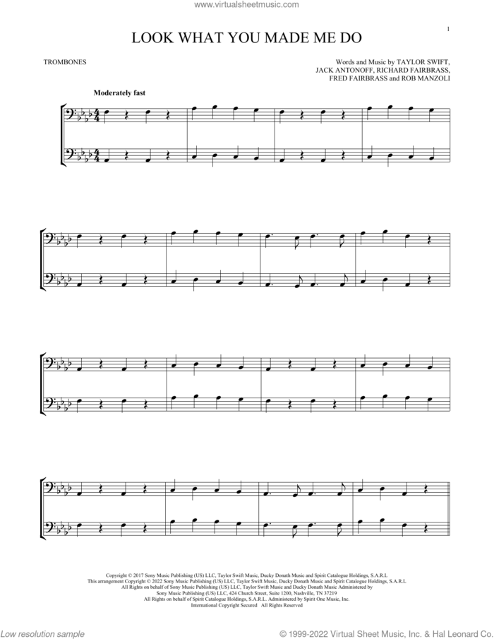 Look What You Made Me Do sheet music for two trombones (duet, duets) by Taylor Swift, Fred Fairbrass, Jack Antonoff, Richard Fairbrass and Rob Manzoli, intermediate skill level