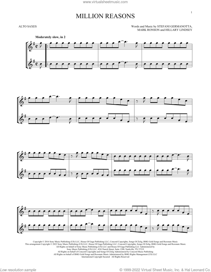 Million Reasons sheet music for two alto saxophones (duets) by Lady Gaga, Hillary Lindsey and Mark Ronson, intermediate skill level