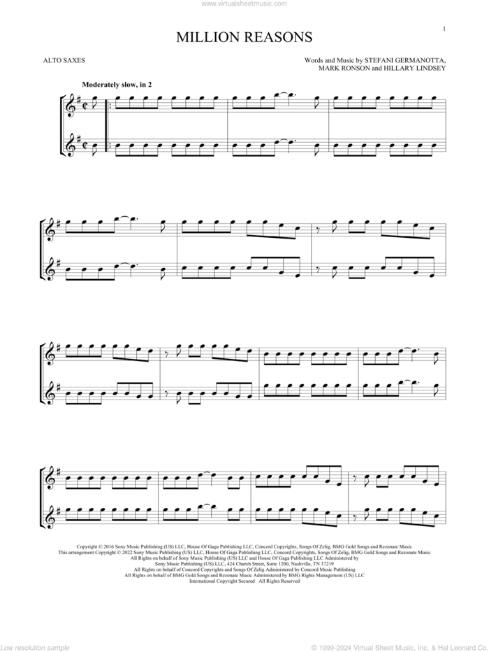 Million Reasons sheet music for two alto saxophones (duets) by Lady Gaga, Hillary Lindsey and Mark Ronson, intermediate skill level