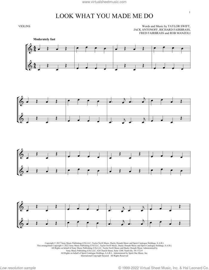 Look What You Made Me Do sheet music for two violins (duets, violin duets) by Taylor Swift, Fred Fairbrass, Jack Antonoff, Richard Fairbrass and Rob Manzoli, intermediate skill level