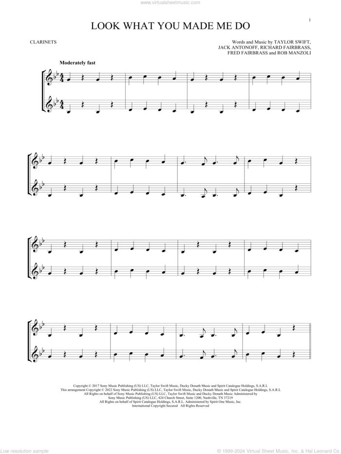 Look What You Made Me Do sheet music for two clarinets (duets) by Taylor Swift, Fred Fairbrass, Jack Antonoff, Richard Fairbrass and Rob Manzoli, intermediate skill level