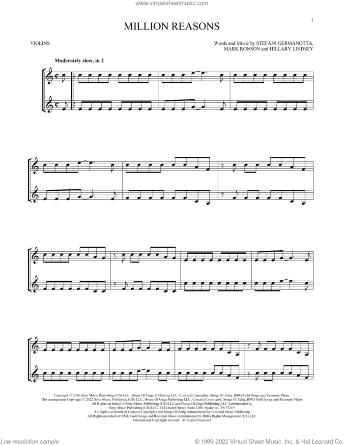 Million Reasons sheet music for two violins (duets, violin duets) by Lady Gaga, Hillary Lindsey and Mark Ronson, intermediate skill level