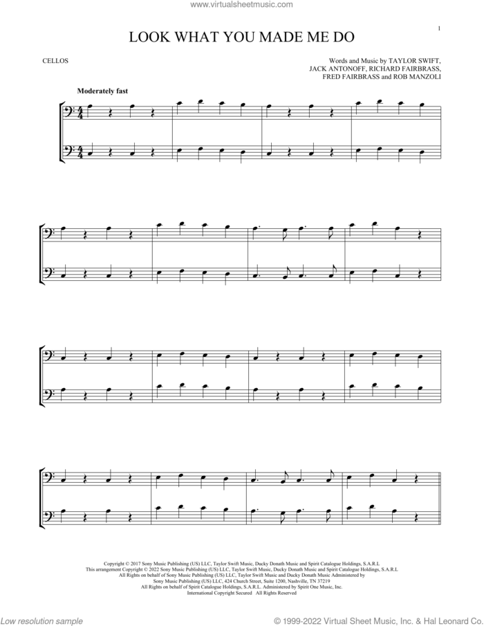 Look What You Made Me Do sheet music for two cellos (duet, duets) by Taylor Swift, Fred Fairbrass, Jack Antonoff, Richard Fairbrass and Rob Manzoli, intermediate skill level