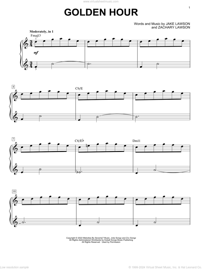 Golden Hour sheet music for piano solo by Jvke, Jake Lawson and Zachary Lawson, easy skill level