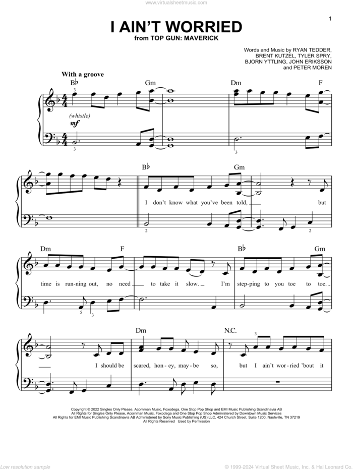 I Ain't Worried (from Top Gun: Maverick) sheet music for piano solo by OneRepublic, Bjorn Yttling, Brent Kutzle, John Eriksson, Peter Moren, Ryan Tedder and Tyler Spry, easy skill level