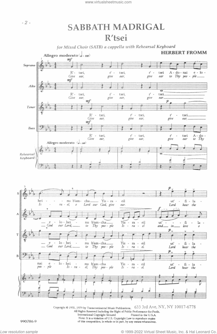 Sabbath Madrigal (R'tsei) sheet music for choir (SATB: soprano, alto, tenor, bass) by Herbert Fromm, classical score, intermediate skill level