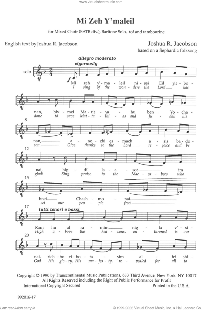 Mi Zeh Y'maleil sheet music for choir (SATB: soprano, alto, tenor, bass) by Joshua R. Jacobson, classical score, intermediate skill level