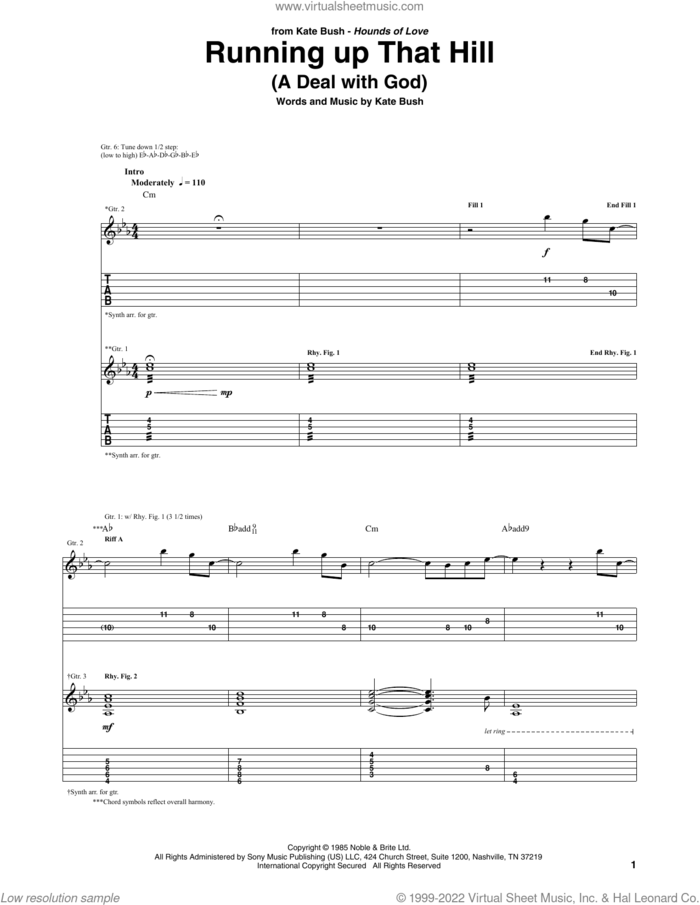 Running Up That Hill sheet music for guitar (tablature) by Kate Bush, intermediate skill level