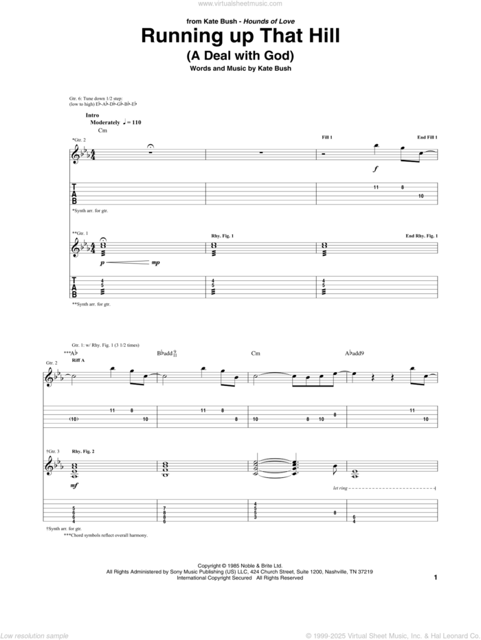 Running Up That Hill sheet music for guitar (tablature) by Kate Bush, intermediate skill level