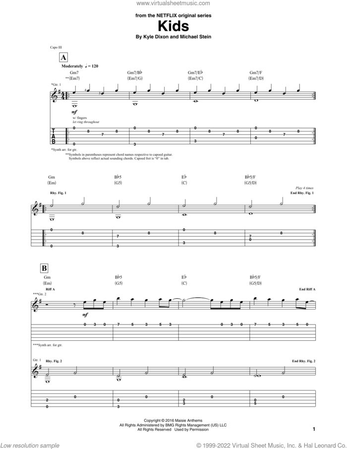 Kids (from Stranger Things) sheet music for guitar (tablature) by Kyle Dixon & Michael Stein, Kyle Dixon and Michael Stein, intermediate skill level