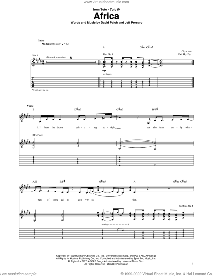 Africa sheet music for guitar (tablature) by Toto, David Paich and Jeff Porcaro, intermediate skill level
