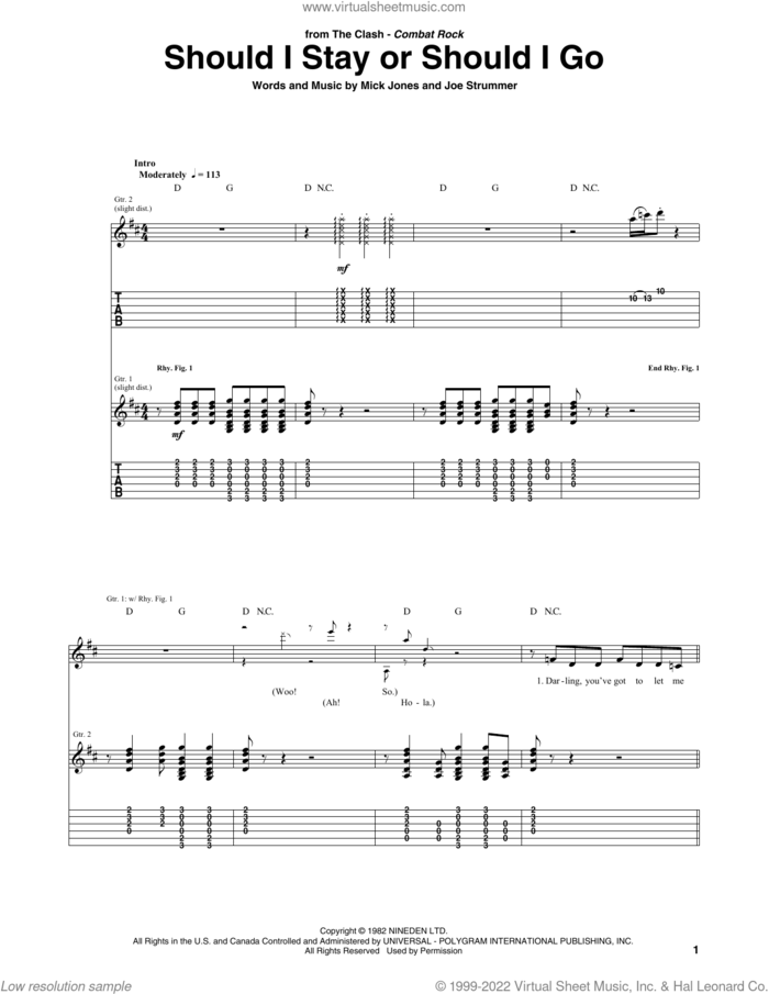Should I Stay Or Should I Go sheet music for guitar (tablature) by The Clash, Joe Strummer and Mick Jones, intermediate skill level