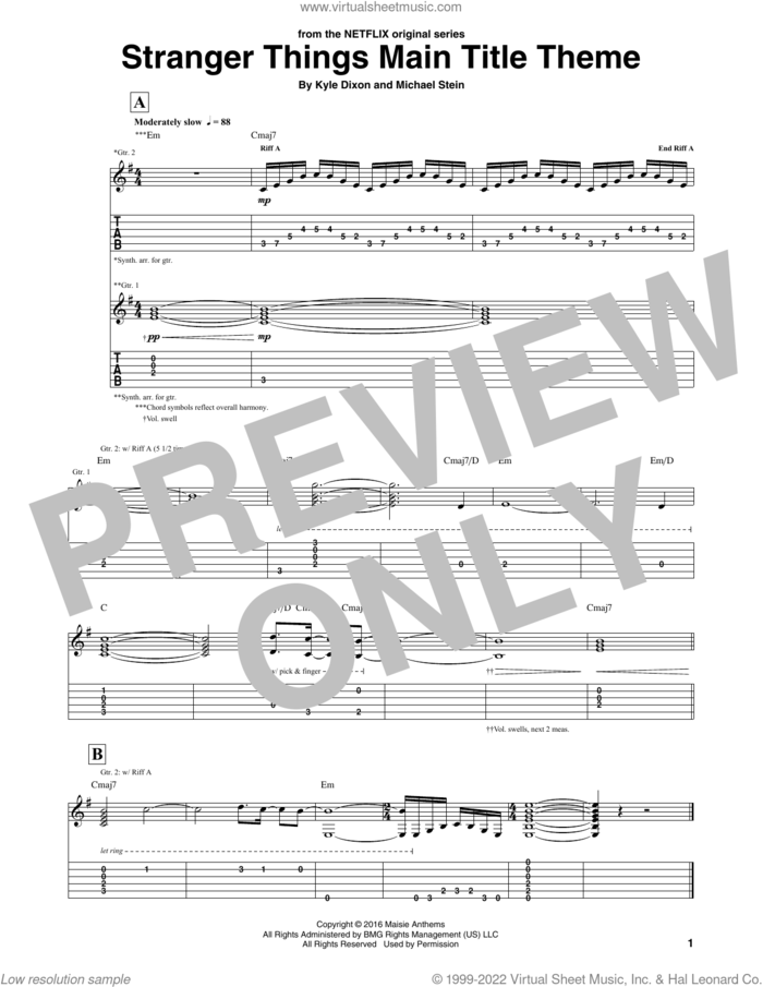 Stranger Things Main Title Theme sheet music for guitar (tablature) by Kyle Dixon & Michael Stein, Kyle Dixon and Michael Stein, intermediate skill level