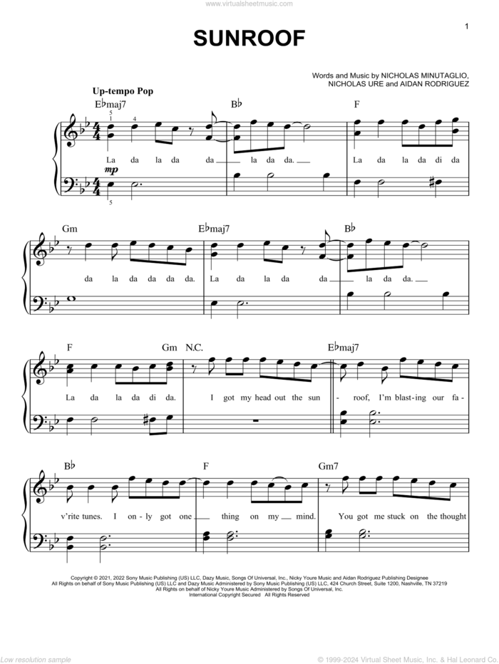 Sunroof, (easy) sheet music for piano solo by Nicky Youre & dazy, Aidan Rodriguez, Nicholas Minutaglio and Nicholas Ure, easy skill level