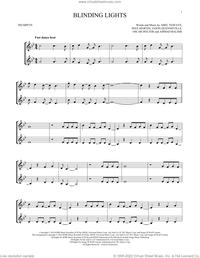 Blinding Lights sheet music for two trumpets (duet, duets) by The Weeknd, Abel Tesfaye, Ahmad Balshe, Jason Quenneville, Max Martin and Oscar Holter, intermediate skill level
