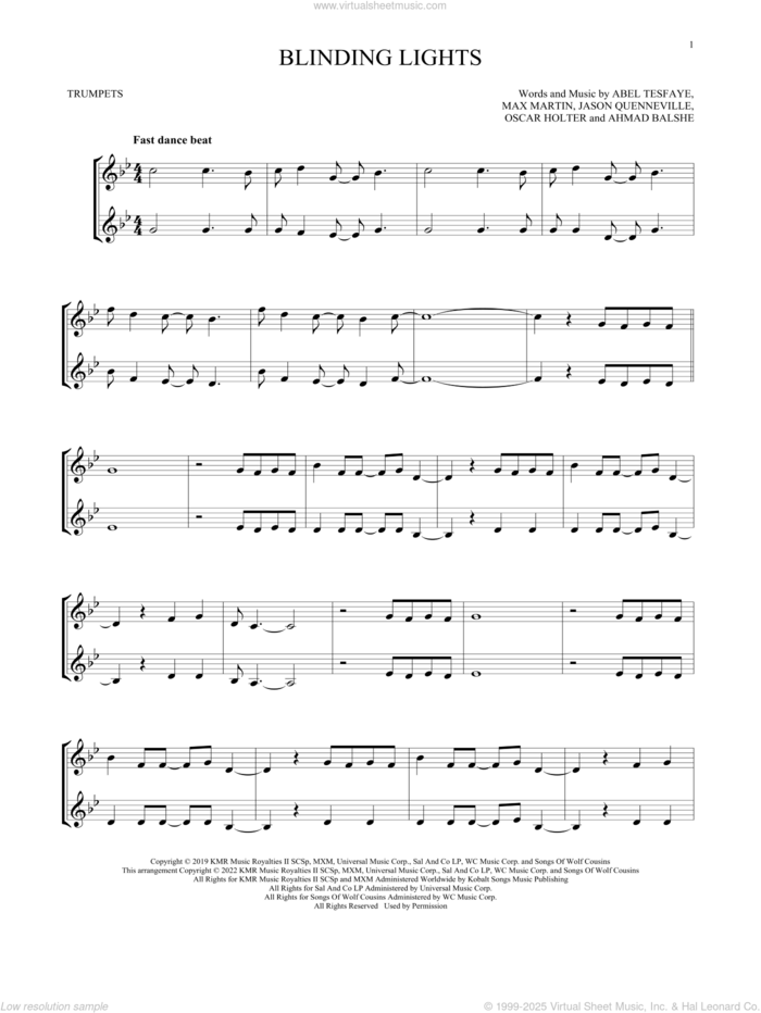 Blinding Lights sheet music for two trumpets (duet, duets) by The Weeknd, Abel Tesfaye, Ahmad Balshe, Jason Quenneville, Max Martin and Oscar Holter, intermediate skill level