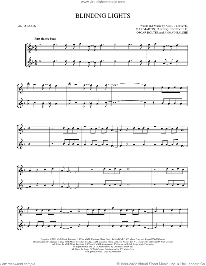 Blinding Lights sheet music for two alto saxophones (duets) by The Weeknd, Abel Tesfaye, Ahmad Balshe, Jason Quenneville, Max Martin and Oscar Holter, intermediate skill level