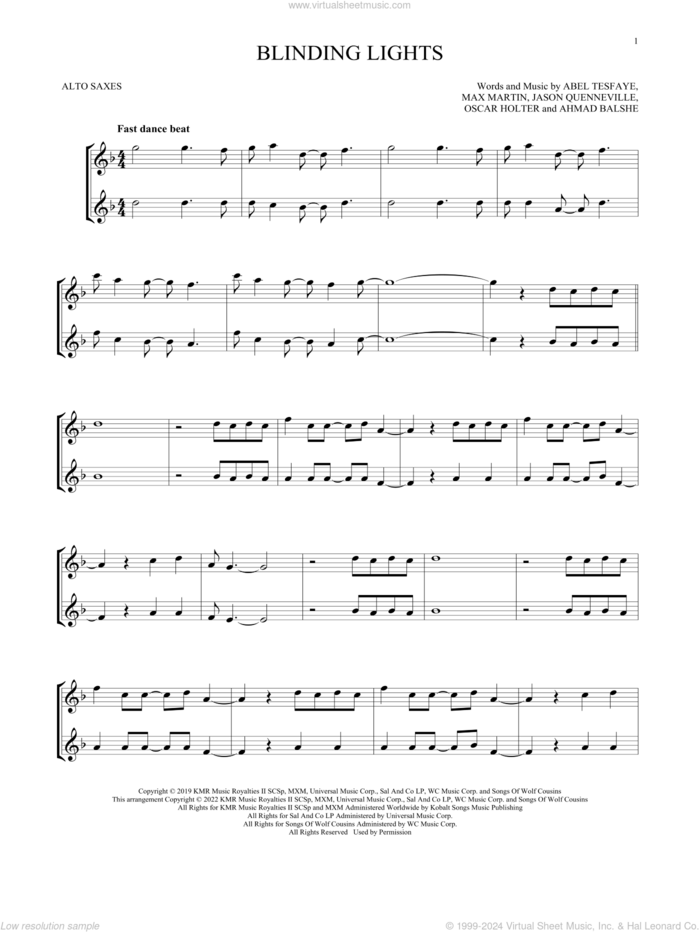 Blinding Lights sheet music for two alto saxophones (duets) by The Weeknd, Abel Tesfaye, Ahmad Balshe, Jason Quenneville, Max Martin and Oscar Holter, intermediate skill level