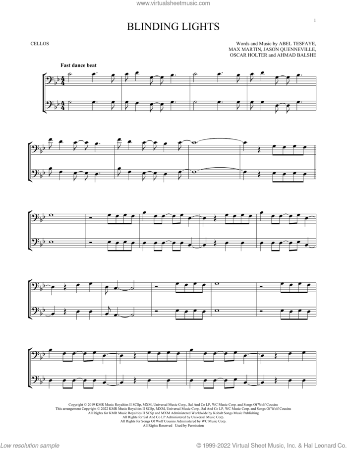 Blinding Lights sheet music for two cellos (duet, duets) by The Weeknd, Abel Tesfaye, Ahmad Balshe, Jason Quenneville, Max Martin and Oscar Holter, intermediate skill level