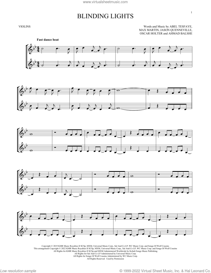 Blinding Lights sheet music for two violins (duets, violin duets) by The Weeknd, Abel Tesfaye, Ahmad Balshe, Jason Quenneville, Max Martin and Oscar Holter, intermediate skill level