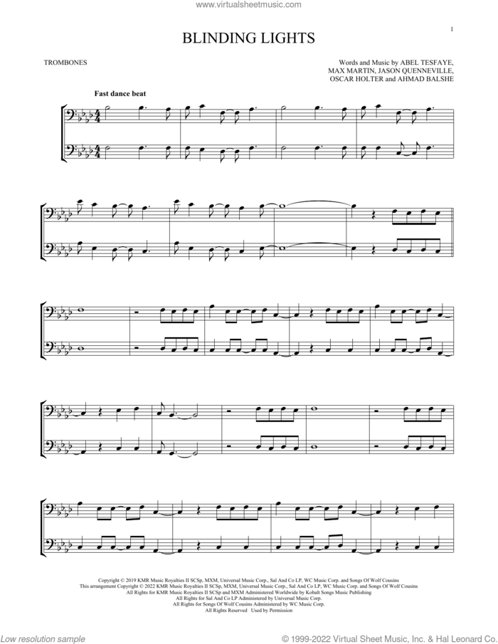 Blinding Lights sheet music for two trombones (duet, duets) by The Weeknd, Abel Tesfaye, Ahmad Balshe, Jason Quenneville, Max Martin and Oscar Holter, intermediate skill level
