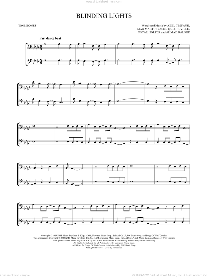 Blinding Lights sheet music for two trombones (duet, duets) by The Weeknd, Abel Tesfaye, Ahmad Balshe, Jason Quenneville, Max Martin and Oscar Holter, intermediate skill level