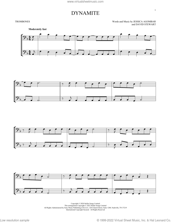 Dynamite sheet music for two trombones (duet, duets) by BTS, Dave Stewart and Jessica Agombar, intermediate skill level