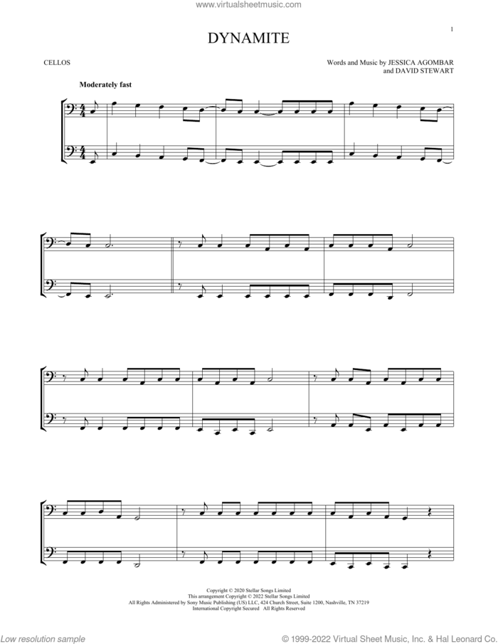 Dynamite sheet music for two cellos (duet, duets) by BTS, Dave Stewart and Jessica Agombar, intermediate skill level