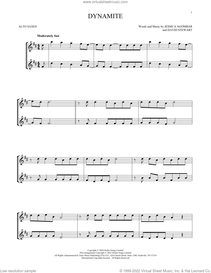 Dynamite sheet music for two alto saxophones (duets) by BTS, Dave Stewart and Jessica Agombar, intermediate skill level