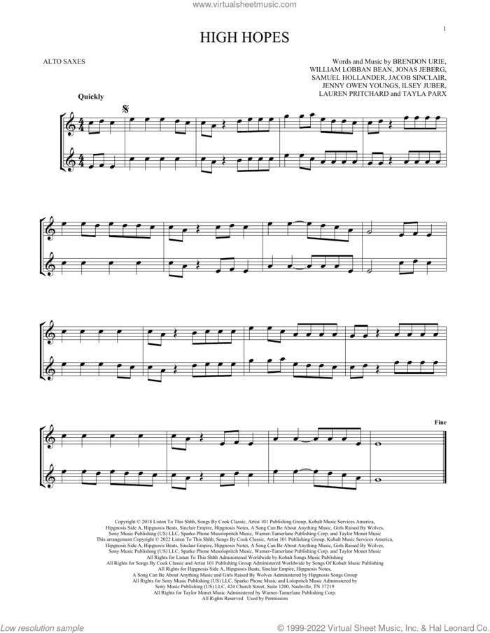 High Hopes sheet music for two alto saxophones (duets) by Panic! At The Disco, Brendon Urie, Ilsey Juber, Jacob Sinclair, Jenny Owen Youngs, Jonas Jeberg, Lauren Pritchard, Sam Hollander, Tayla Parx and William Lobban Bean, intermediate skill level