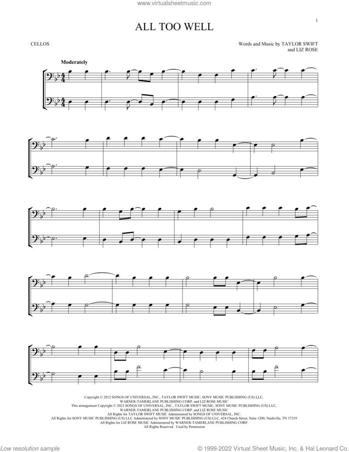 All Too Well sheet music for two cellos (duet, duets) by Taylor Swift and Liz Rose, intermediate skill level