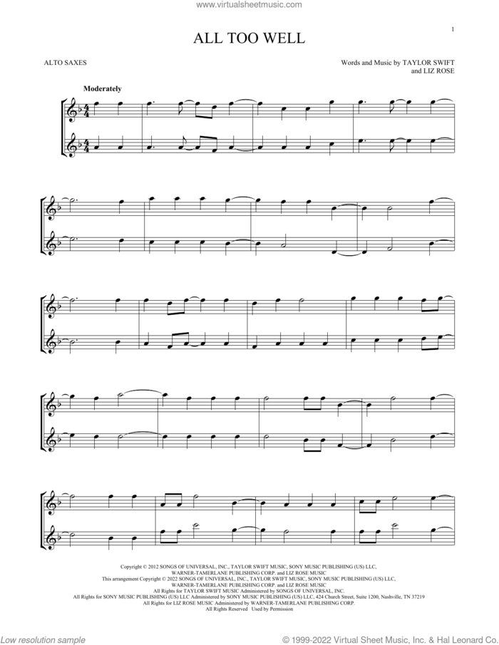 All Too Well sheet music for two alto saxophones (duets) by Taylor Swift and Liz Rose, intermediate skill level