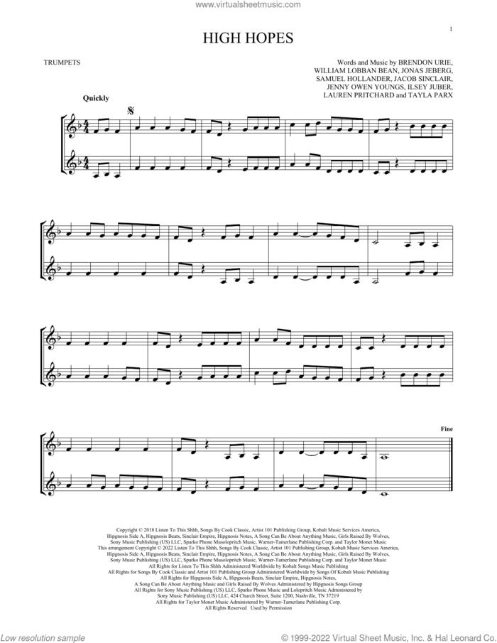 High Hopes sheet music for two trumpets (duet, duets) by Panic! At The Disco, Brendon Urie, Ilsey Juber, Jacob Sinclair, Jenny Owen Youngs, Jonas Jeberg, Lauren Pritchard, Sam Hollander, Tayla Parx and William Lobban Bean, intermediate skill level