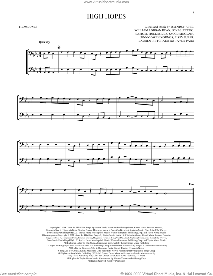 High Hopes sheet music for two trombones (duet, duets) by Panic! At The Disco, Brendon Urie, Ilsey Juber, Jacob Sinclair, Jenny Owen Youngs, Jonas Jeberg, Lauren Pritchard, Sam Hollander, Tayla Parx and William Lobban Bean, intermediate skill level