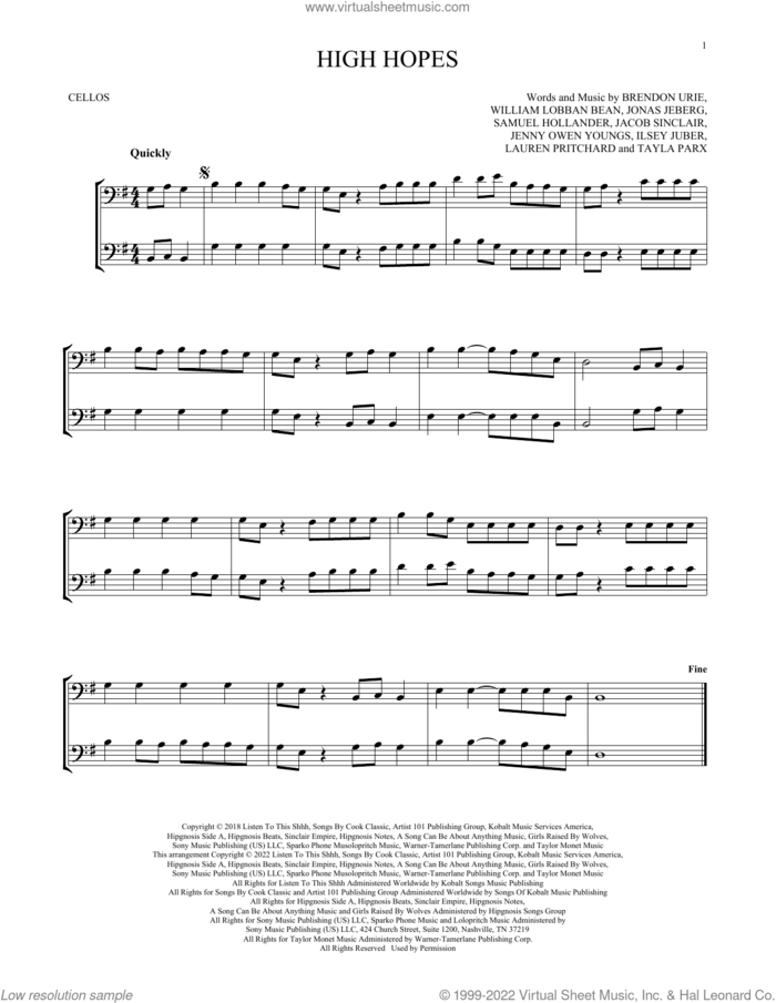 High Hopes sheet music for two cellos (duet, duets) by Panic! At The Disco, Brendon Urie, Ilsey Juber, Jacob Sinclair, Jenny Owen Youngs, Jonas Jeberg, Lauren Pritchard, Sam Hollander, Tayla Parx and William Lobban Bean, intermediate skill level