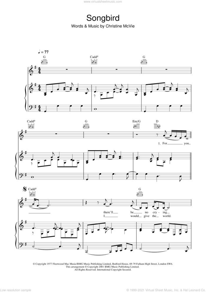 Songbird sheet music for voice, piano or guitar by Eva Cassidy and Christine McVie, intermediate skill level