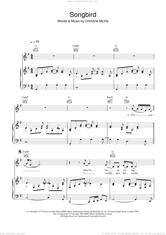 Songbird sheet music for voice, piano or guitar by Eva Cassidy and Christine McVie, intermediate skill level