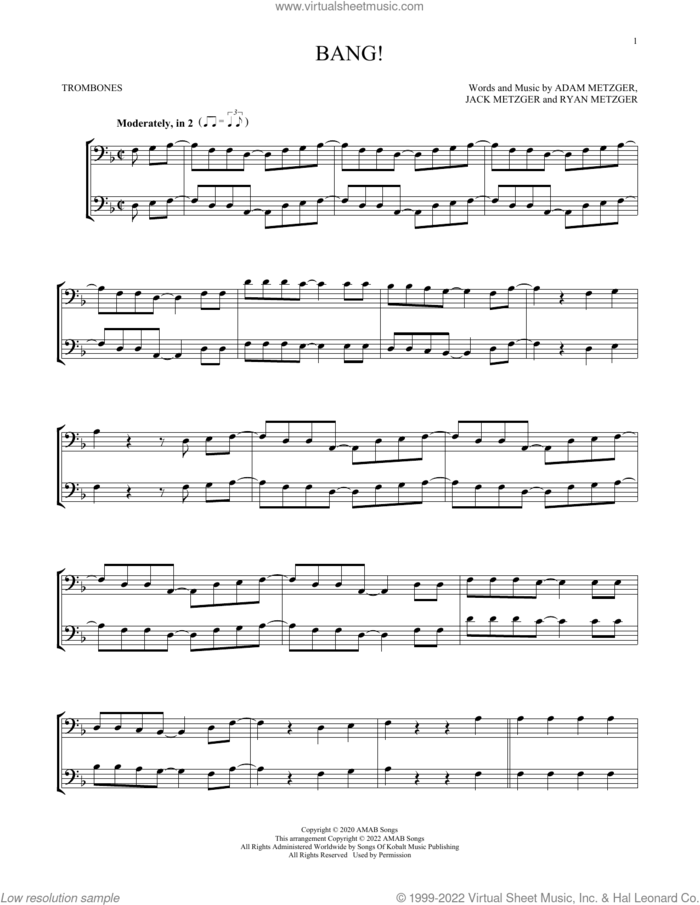 Bang! sheet music for two trombones (duet, duets) by AJR, Adam Metzger, Jack Metzger and Ryan Metzger, intermediate skill level