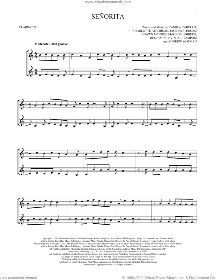 Senorita sheet music for two clarinets (duets) by Shawn Mendes & Camila Cabello, Ali Tamposi, Andrew Wotman, Benjamin Levin, Camila Cabello, Charlotte Aitchison, Jack Patterson, Magnus Hoiberg and Shawn Mendes, intermediate skill level