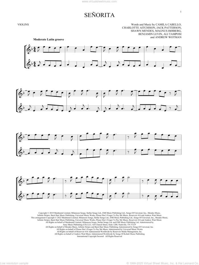 Senorita sheet music for two violins (duets, violin duets) by Shawn Mendes & Camila Cabello, Ali Tamposi, Andrew Wotman, Benjamin Levin, Camila Cabello, Charlotte Aitchison, Jack Patterson, Magnus Hoiberg and Shawn Mendes, intermediate skill level