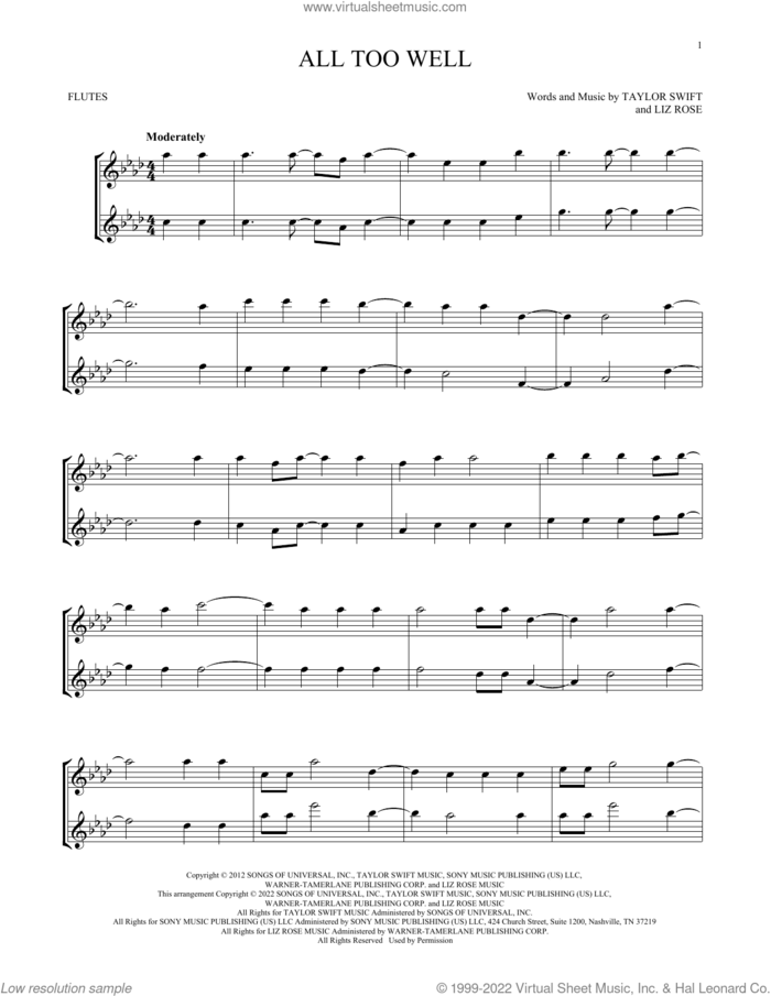 All Too Well sheet music for two flutes (duets) by Taylor Swift and Liz Rose, intermediate skill level
