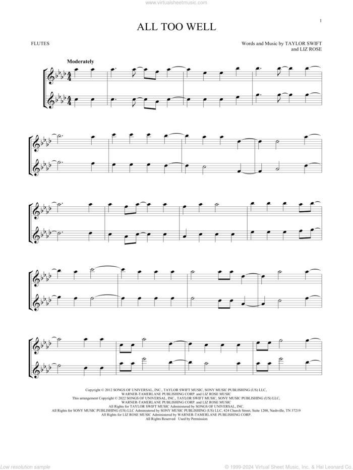 All Too Well sheet music for two flutes (duets) by Taylor Swift and Liz Rose, intermediate skill level