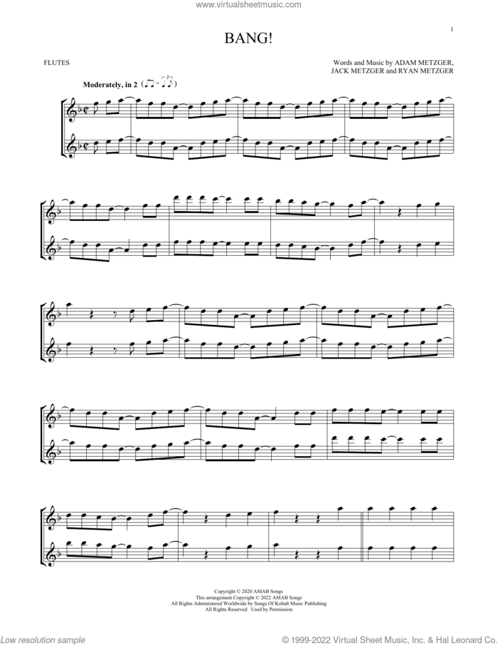 Bang! sheet music for two flutes (duets) by AJR, Adam Metzger, Jack Metzger and Ryan Metzger, intermediate skill level
