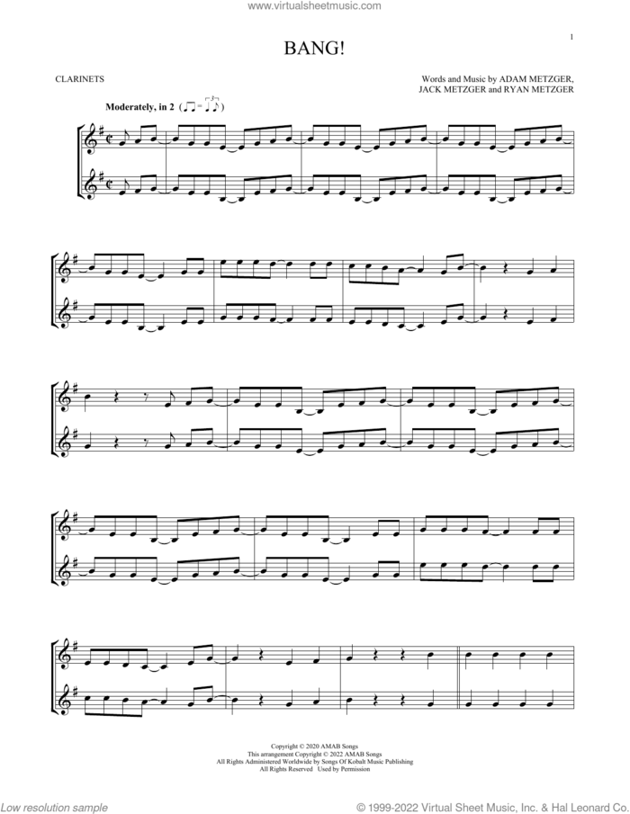 Bang! sheet music for two clarinets (duets) by AJR, Adam Metzger, Jack Metzger and Ryan Metzger, intermediate skill level