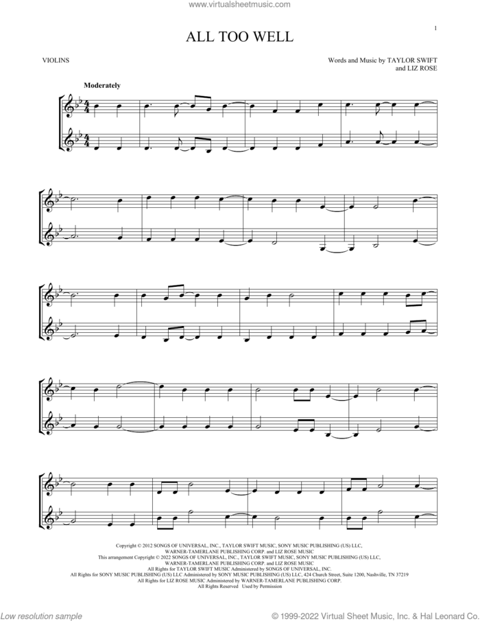 All Too Well sheet music for two violins (duets, violin duets) by Taylor Swift and Liz Rose, intermediate skill level